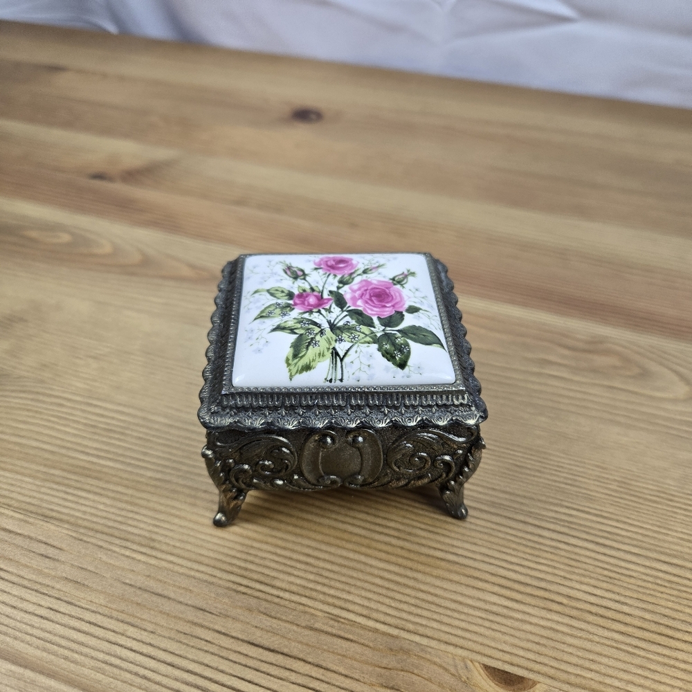 VTG Porcelain Jewelry Box Rose Metal Casket Trinket Keepsake Japan